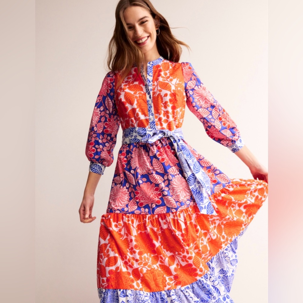 Boden Alba Tiered Firecracker Gardenia Swirl Cotton Maxi Dress